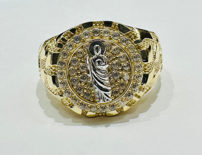10K GOLD SAINT JUDE NUGGET RING WITH WHITE SAPPHIRE- WEIGHT: 4.3gm