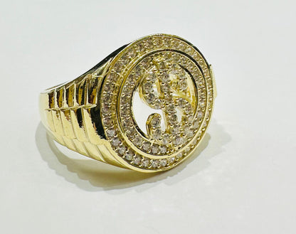 10K GOLD DOLLAR SIGN RING WITH WHITE SAPPHIRE- WEIGHT: 7.8gm