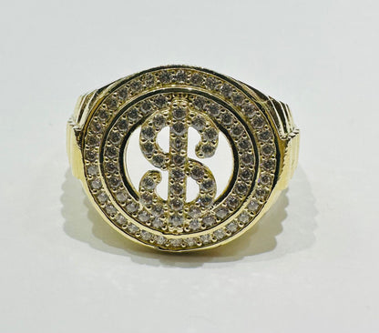 10K GOLD DOLLAR SIGN RING WITH WHITE SAPPHIRE- WEIGHT: 7.8gm