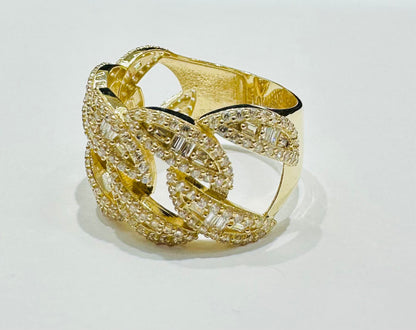 10K GOLD CUBAN LINK CHAIN RING WITH BAGUETTE & WHITE SAPPHIRE- WEIGHT: 4.7gm