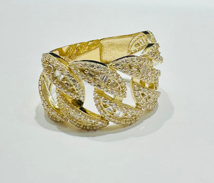10K GOLD CUBAN LINK CHAIN RING WITH BAGUETTE & WHITE SAPPHIRE- WEIGHT: 4.7gm