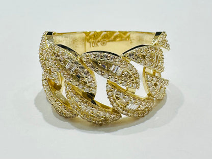 10K GOLD CUBAN LINK CHAIN RING WITH BAGUETTE & WHITE SAPPHIRE- WEIGHT: 4.7gm
