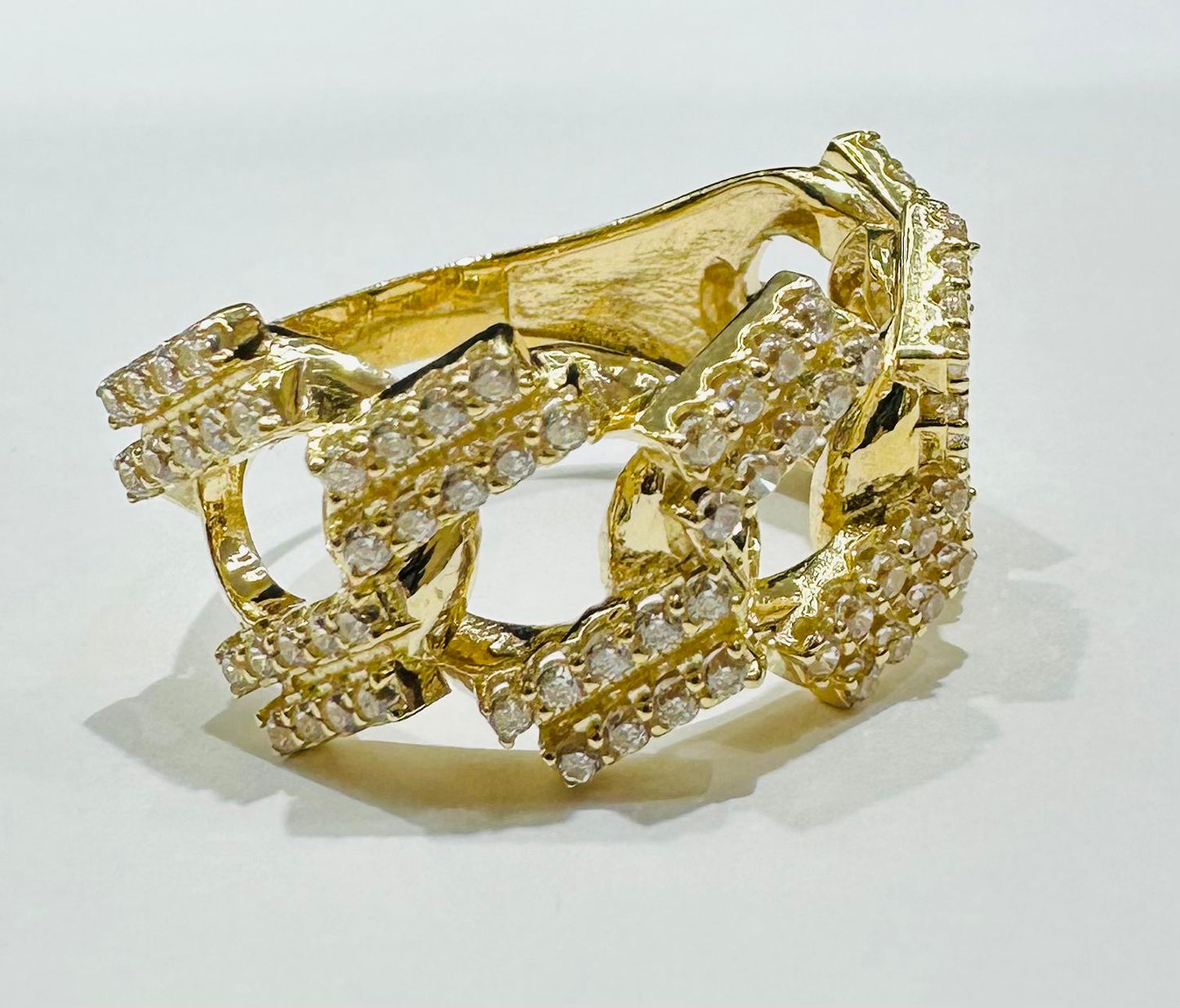 10K GOLD CUBAN LINK RING WITH WHITE SAPPHIRE- WEIGHT: 5.6gm