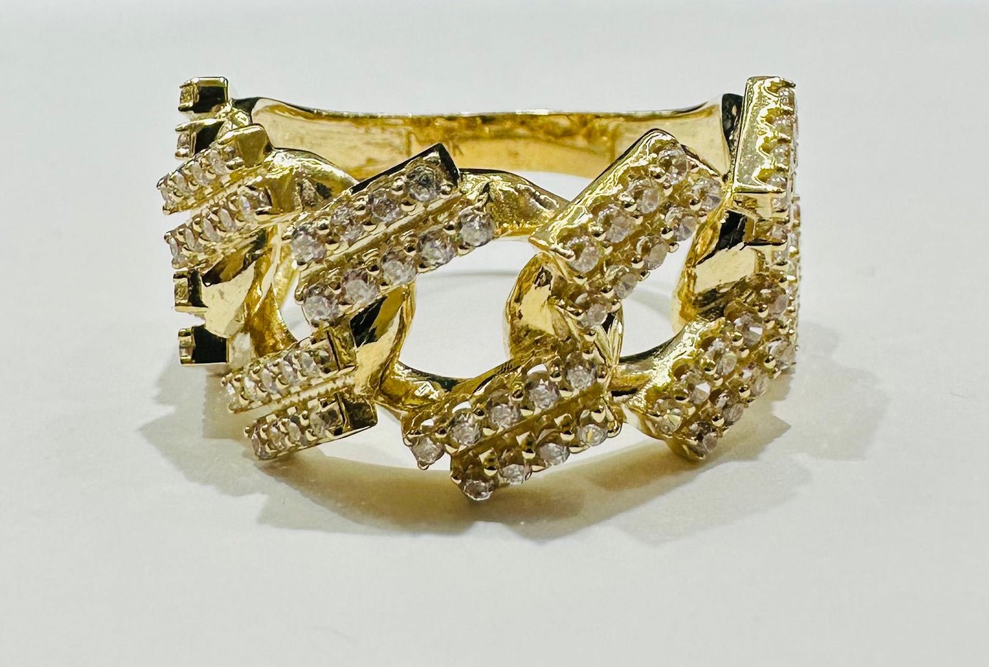 10K GOLD CUBAN LINK RING WITH WHITE SAPPHIRE- WEIGHT: 5.6gm