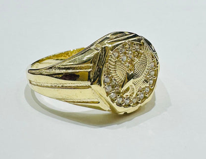 10K GOLD ROUND EAGLE RING WITH WHITE SAPPHIRE- WEIGHT: 4.7gm