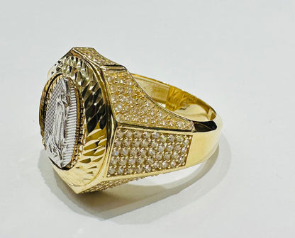 10K GOLD VIRGIN MARY OF GUADALUPE RING WITH WHITE SAPPHIRE- WEIGHT: 7.1gm