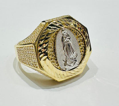 10K GOLD VIRGIN MARY OF GUADALUPE RING WITH WHITE SAPPHIRE- WEIGHT: 7.1gm