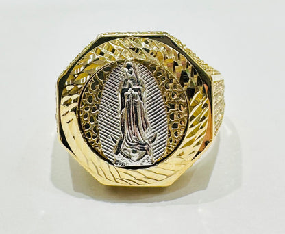 10K GOLD VIRGIN MARY OF GUADALUPE RING WITH WHITE SAPPHIRE- WEIGHT: 7.1gm