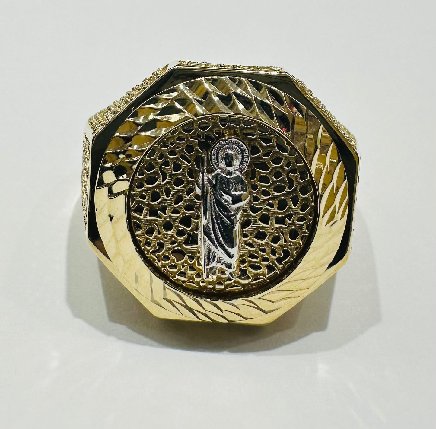 10K GOLD SAINT JUDE RING WITH WHITE SAPPHIRE- WEIGHT: 6.9gm