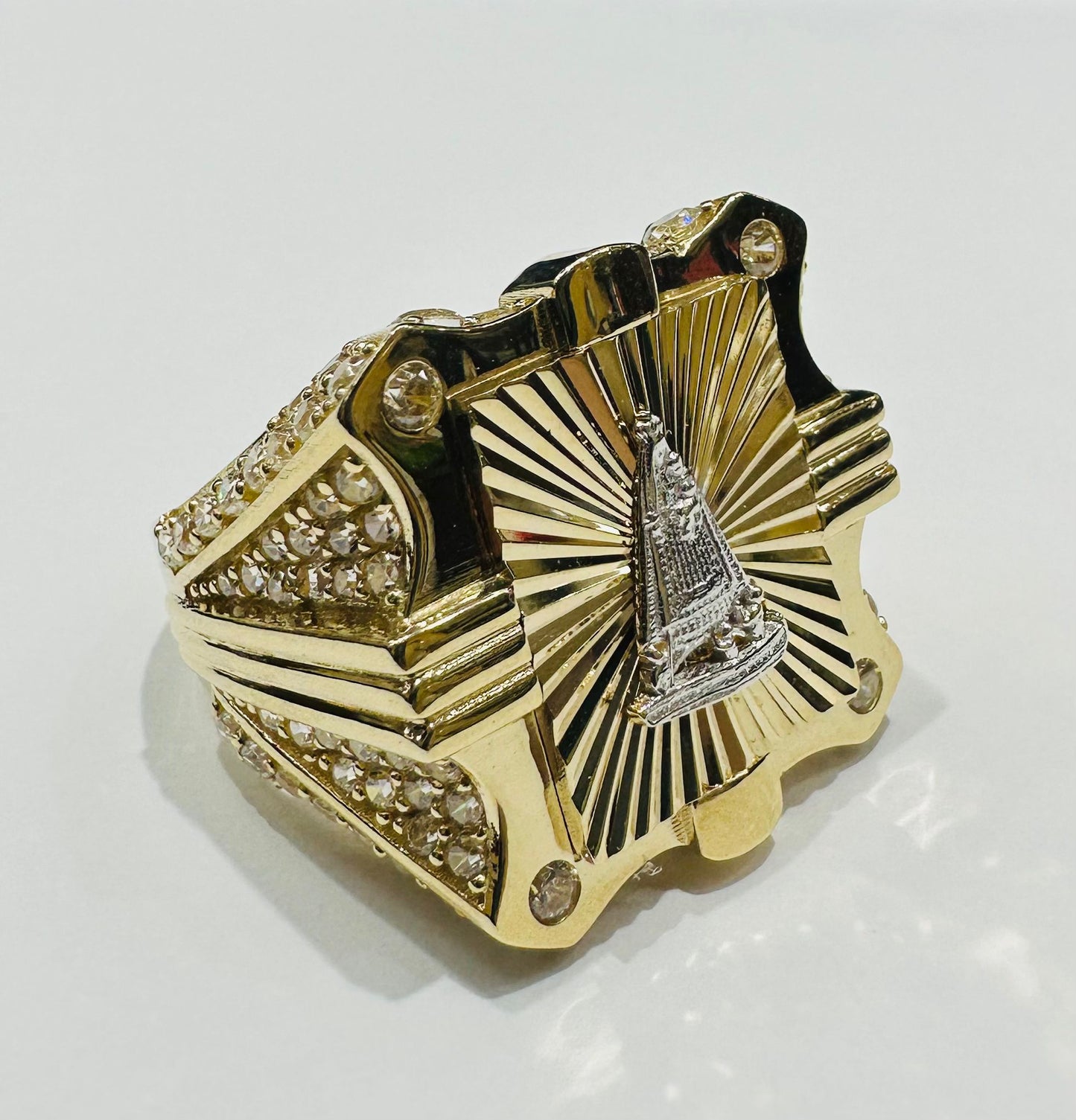 10K GOLD VIRGIN MARY RING WITH WHITE SAPPHIRE- WEIGHT: 7.2gm
