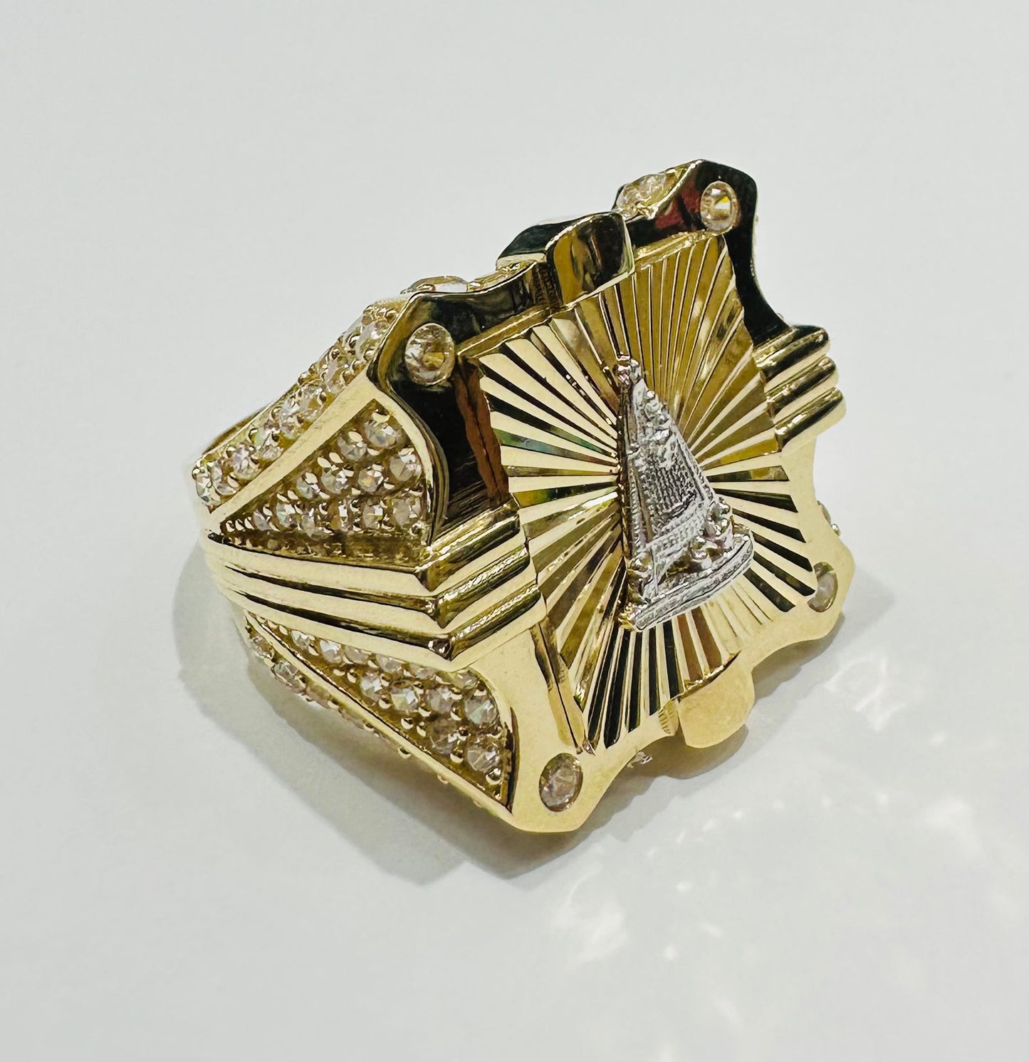 10K GOLD VIRGIN MARY RING WITH WHITE SAPPHIRE- WEIGHT: 7.2gm