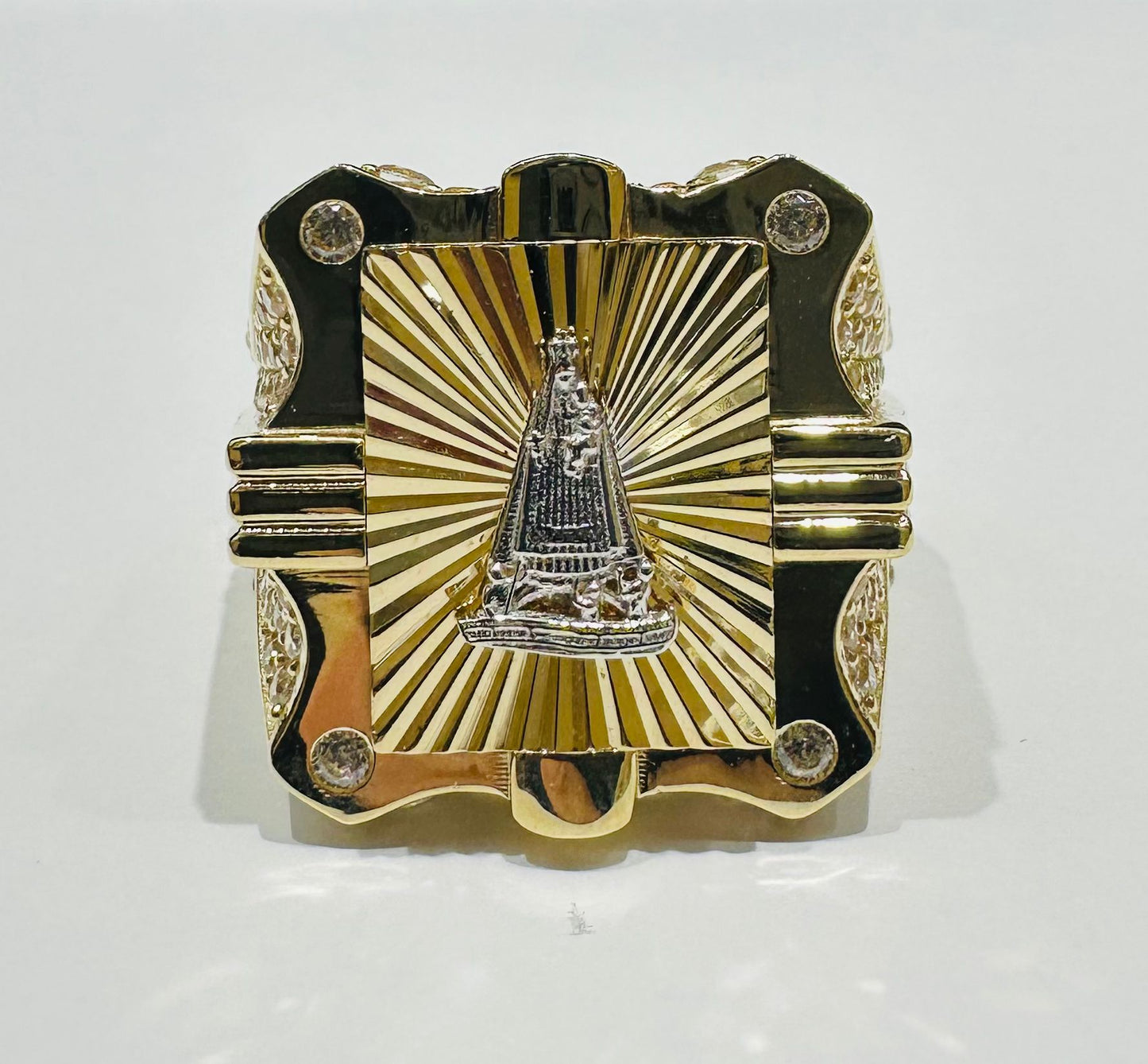 10K GOLD VIRGIN MARY RING WITH WHITE SAPPHIRE- WEIGHT: 7.2gm