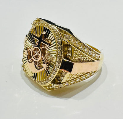 10K GOLD ANCHOR RING WITH WHITE SAPPHIRE- WEIGHT: 6.9gm