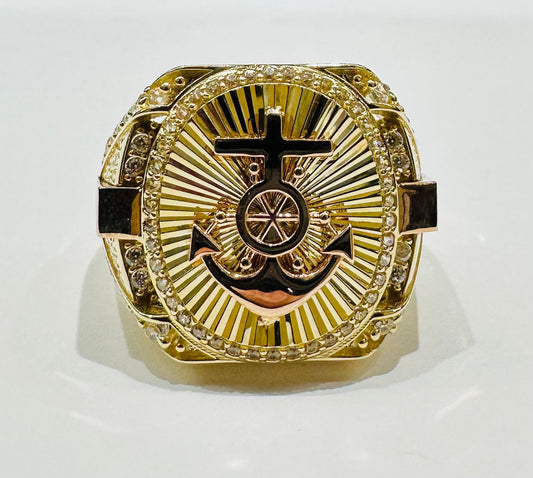 10K GOLD ANCHOR RING WITH WHITE SAPPHIRE- WEIGHT: 6.9gm
