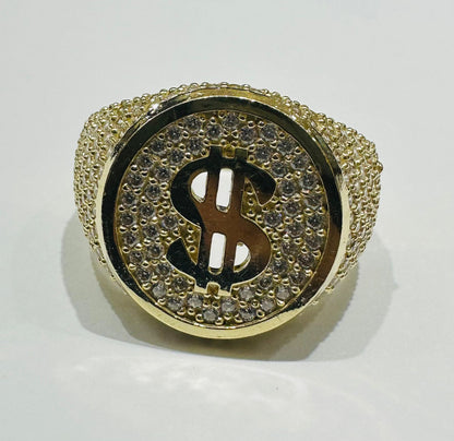 10K GOLD DOLLAR SIGN RING WITH WHITE SAPPHIRE- WEIGHT: 8.2gm