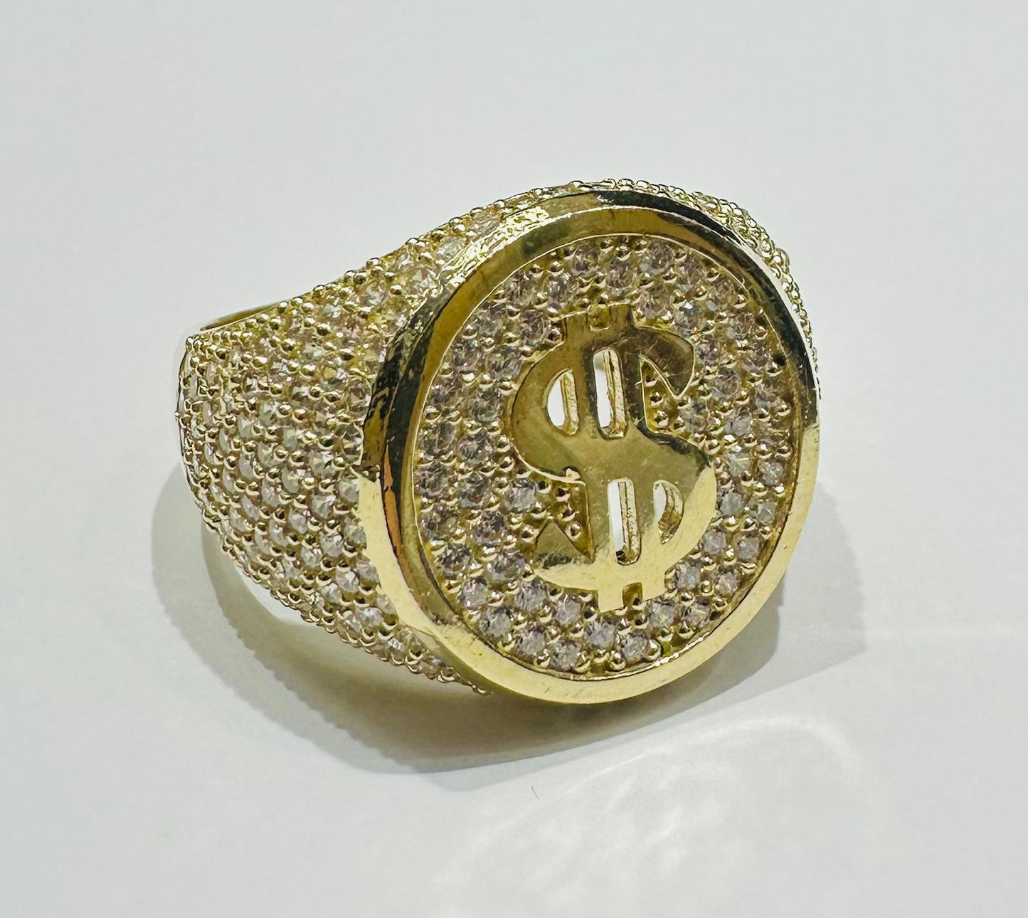 10K GOLD DOLLAR SIGN RING WITH WHITE SAPPHIRE- WEIGHT: 8.2gm