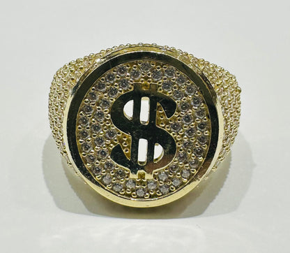10K GOLD DOLLAR SIGN RING WITH WHITE SAPPHIRE- WEIGHT: 8.2gm