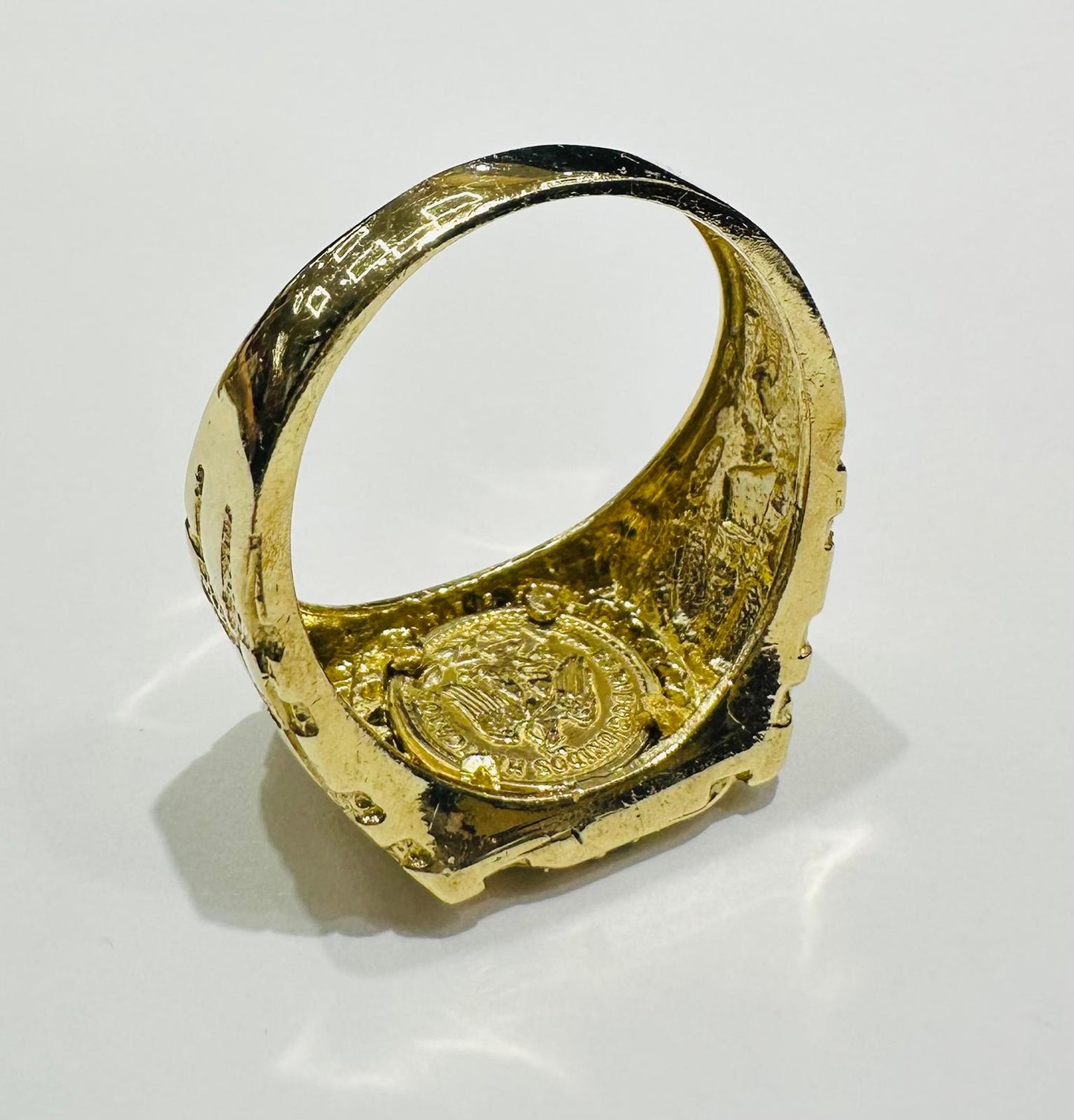 10K GOLD 50 PESOS CENTANARIO NUGGET RING WITH SAPPHIRE STONES- WEIGHT: 6.8gm