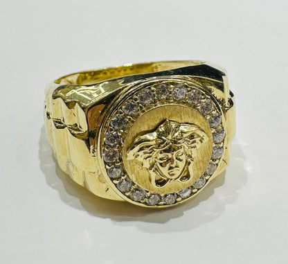 10K GOLD MEDUSA HEAD RING WITH WHITE SAPPHIRE- WEIGHT: 7.5gm