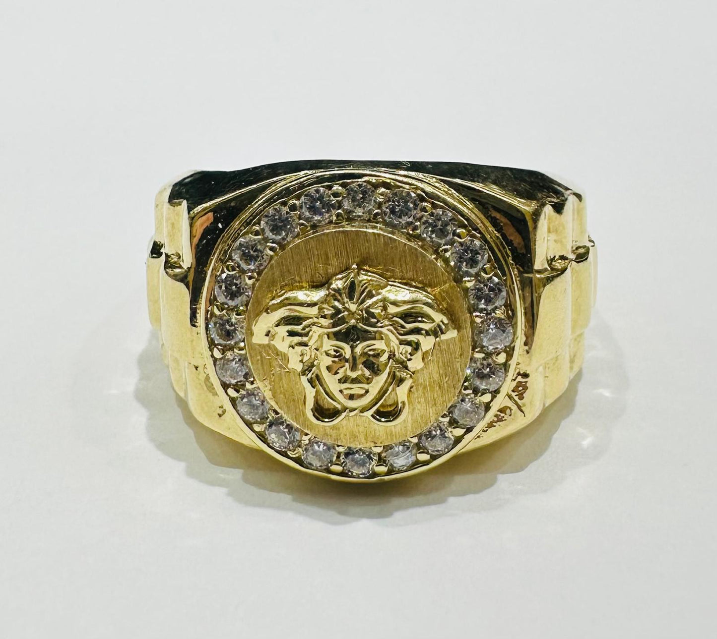 10K GOLD MEDUSA HEAD RING WITH WHITE SAPPHIRE- WEIGHT: 7.5gm