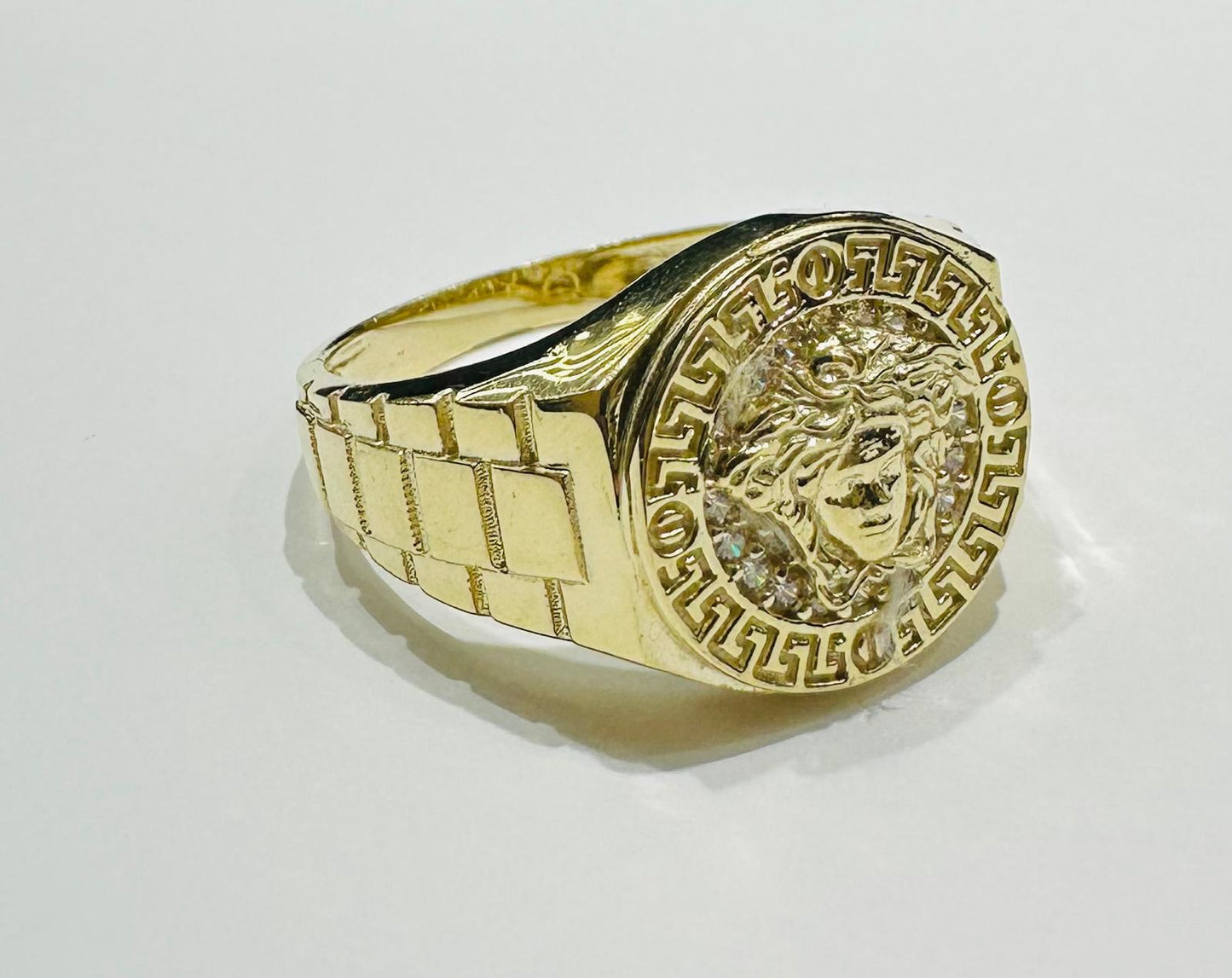 10K GOLD MEDUSA HEAD RING WITH WHITE SAPPHIRE- WEIGHT: 5.8gm