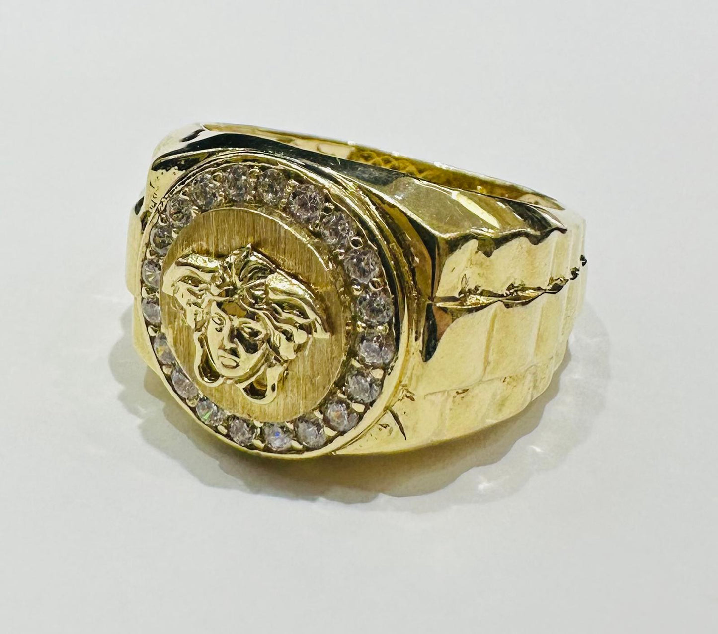 10K GOLD MEDUSA HEAD RING WITH WHITE SAPPHIRE- WEIGHT: 7.5gm