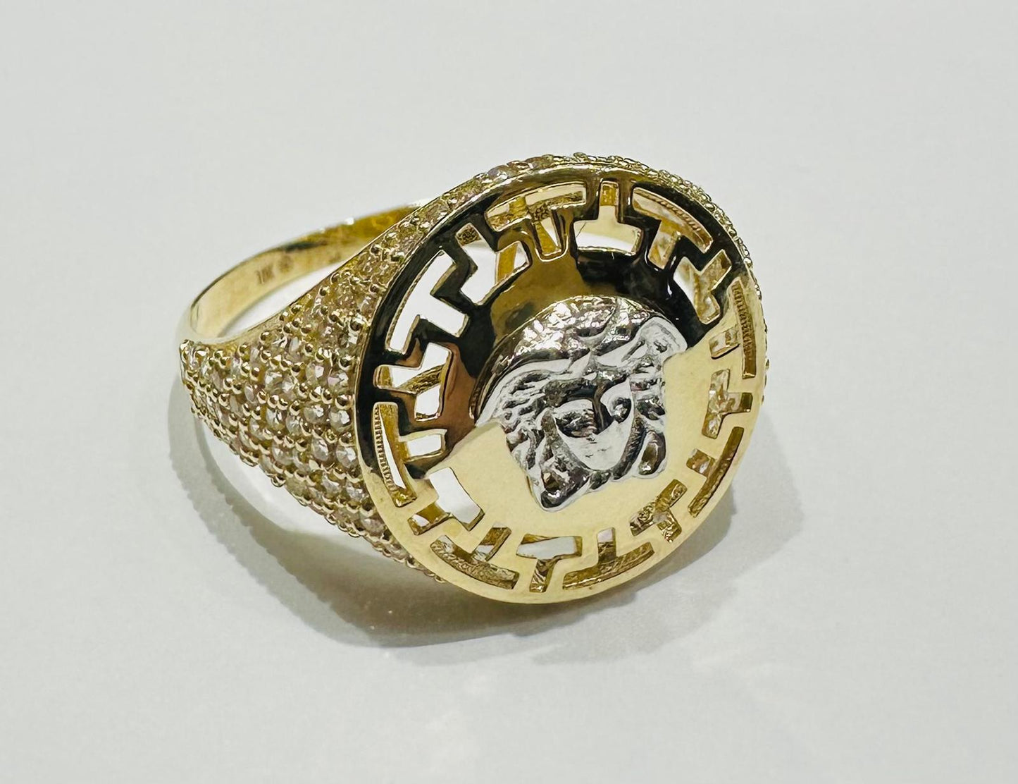 10K GOLD MEDUSA HEAD TWO TONED RING WITH WHITE SAPPHIRE- WEIGHT: 3.3gm
