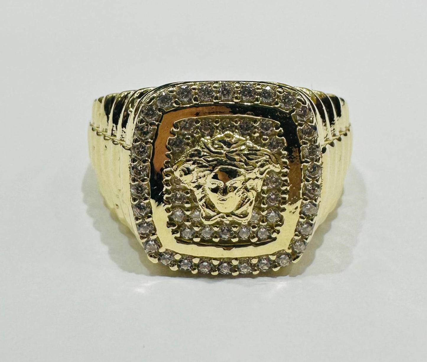 10K GOLD MEDUSA HEAD RING WITH WHITE SAPPHIRE- WEIGHT: 6.7gm