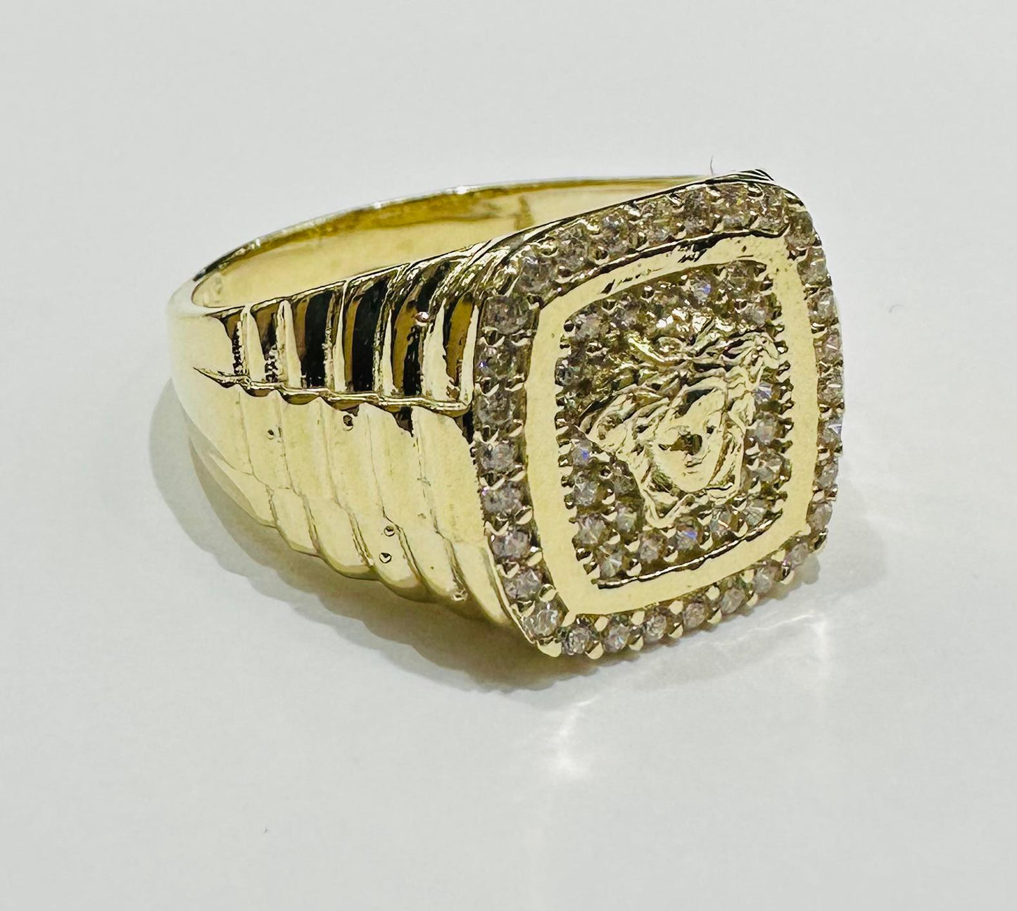 10K GOLD MEDUSA HEAD RING WITH WHITE SAPPHIRE- WEIGHT: 6.7gm