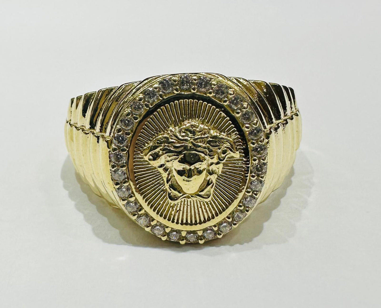 10K GOLD MEDUSA HEAD RING WITH WHITE SAPPHIRE- WEIGHT: 6.3gm