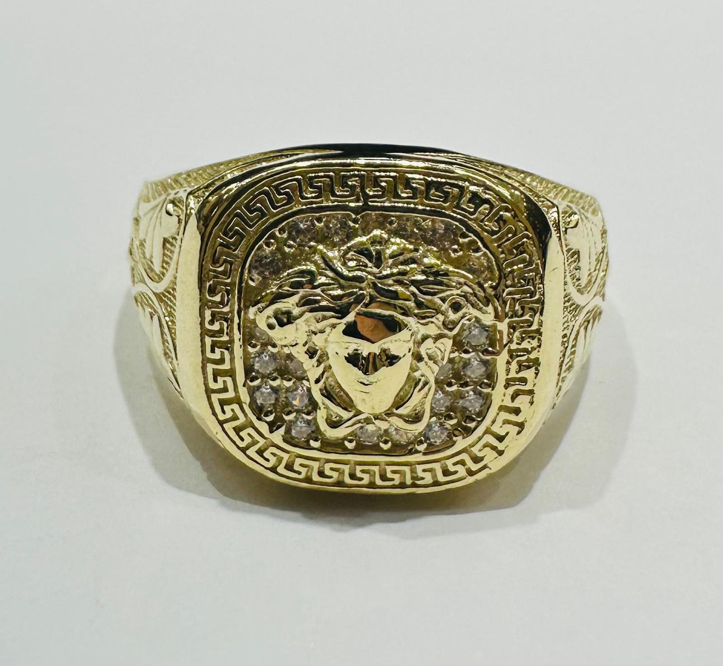 10K GOLD MEDUSA HEAD RING WITH WHITE SAPPHIRE- WEIGHT: 6.4gm