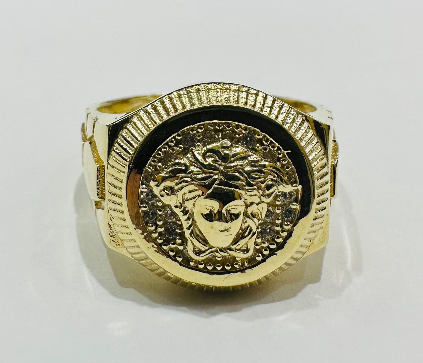 10K GOLD MEDUSA HEAD RING WITH WHITE SAPPHIRE- WEIGHT: 8.1gm