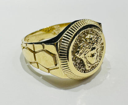 10K GOLD MEDUSA HEAD RING WITH WHITE SAPPHIRE- WEIGHT: 8.1gm