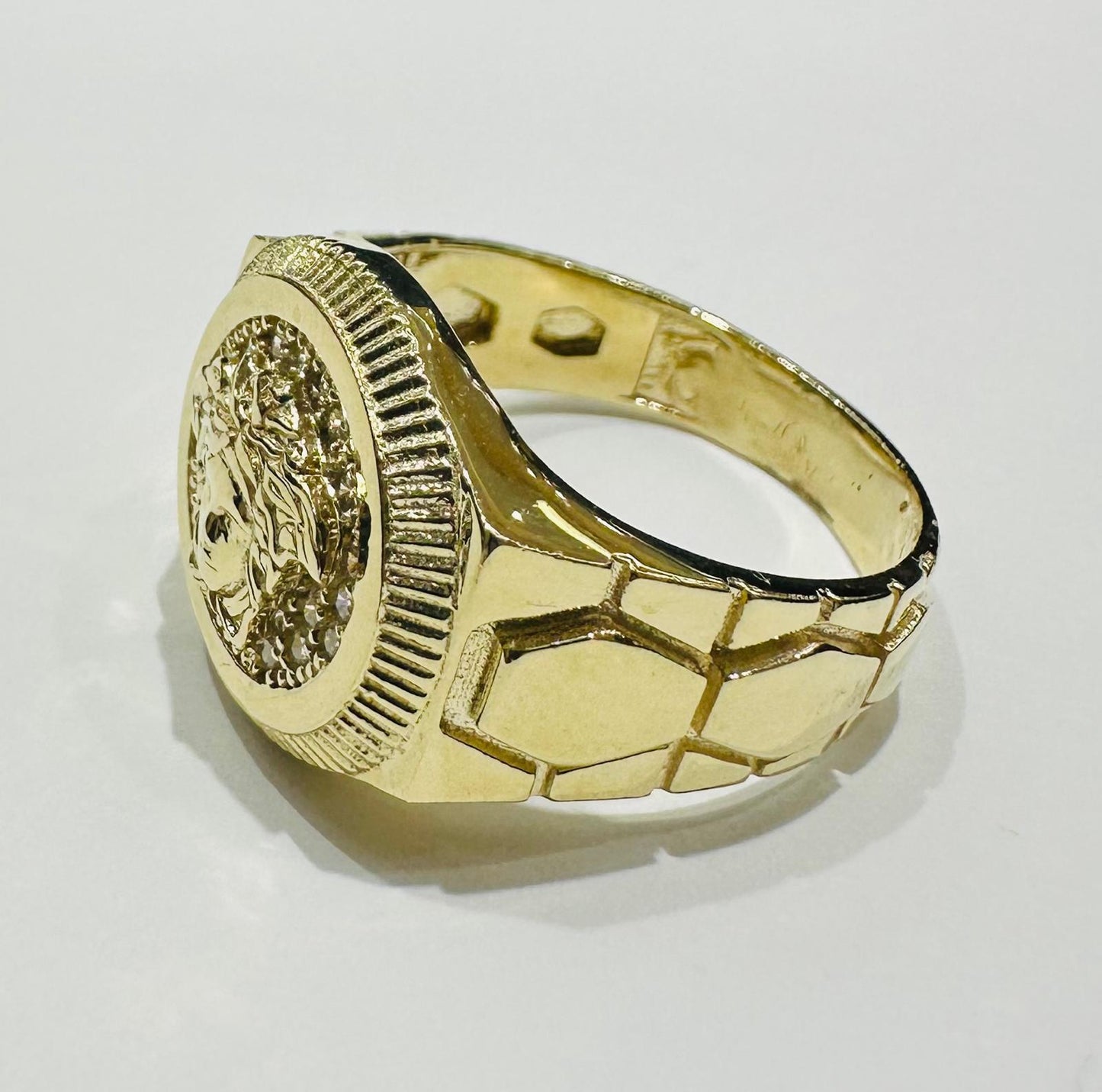 10K GOLD MEDUSA HEAD RING WITH WHITE SAPPHIRE- WEIGHT: 8.1gm