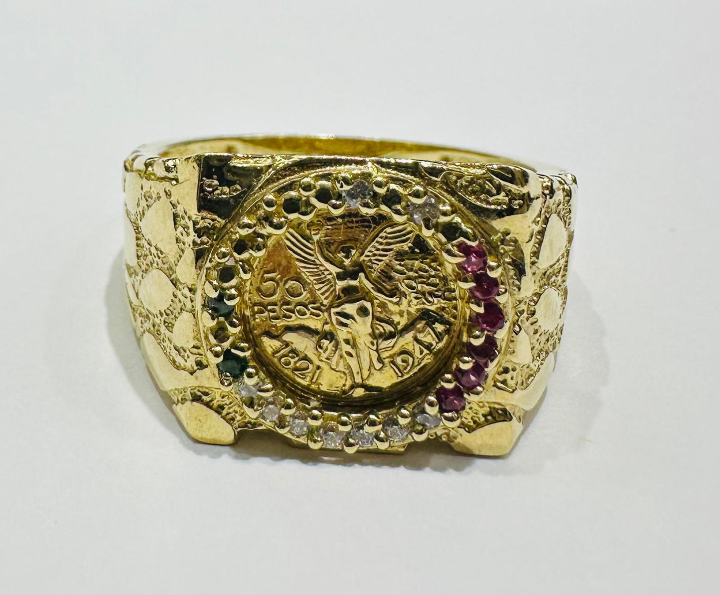10K GOLD 50 PESOS CENTANARIO NUGGET RING WITH SAPPHIRE STONES- WEIGHT: 6.8gm