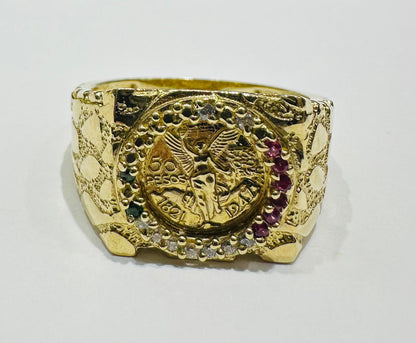 10K GOLD 50 PESOS CENTANARIO NUGGET RING WITH SAPPHIRE STONES- WEIGHT: 6.8gm