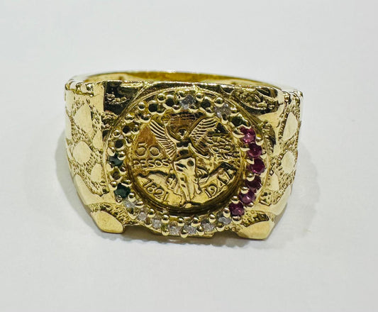 10K GOLD 50 PESOS CENTANARIO NUGGET RING WITH SAPPHIRE STONES- WEIGHT: 6.8gm