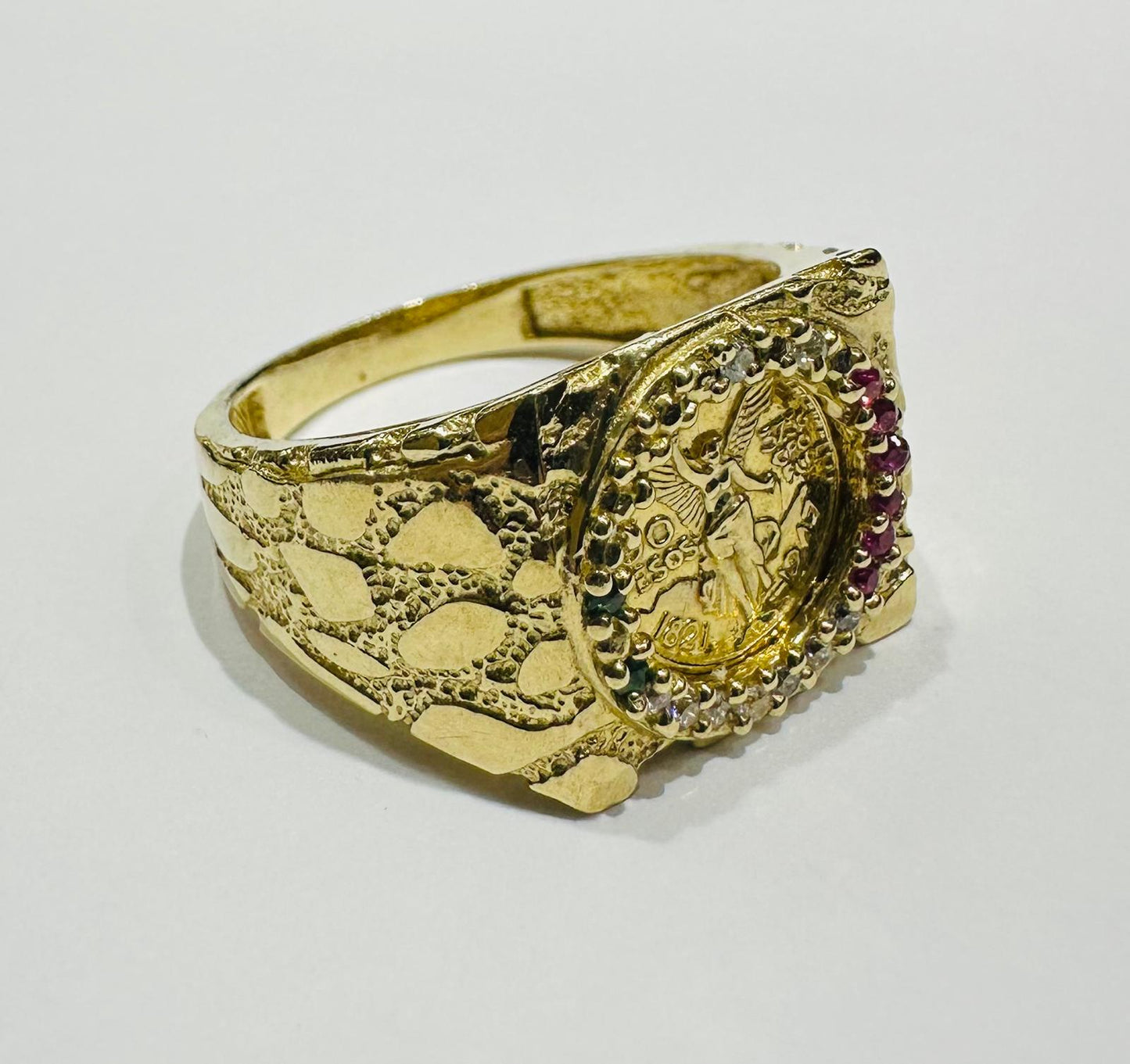 10K GOLD 50 PESOS CENTANARIO NUGGET RING WITH SAPPHIRE STONES- WEIGHT: 6.8gm