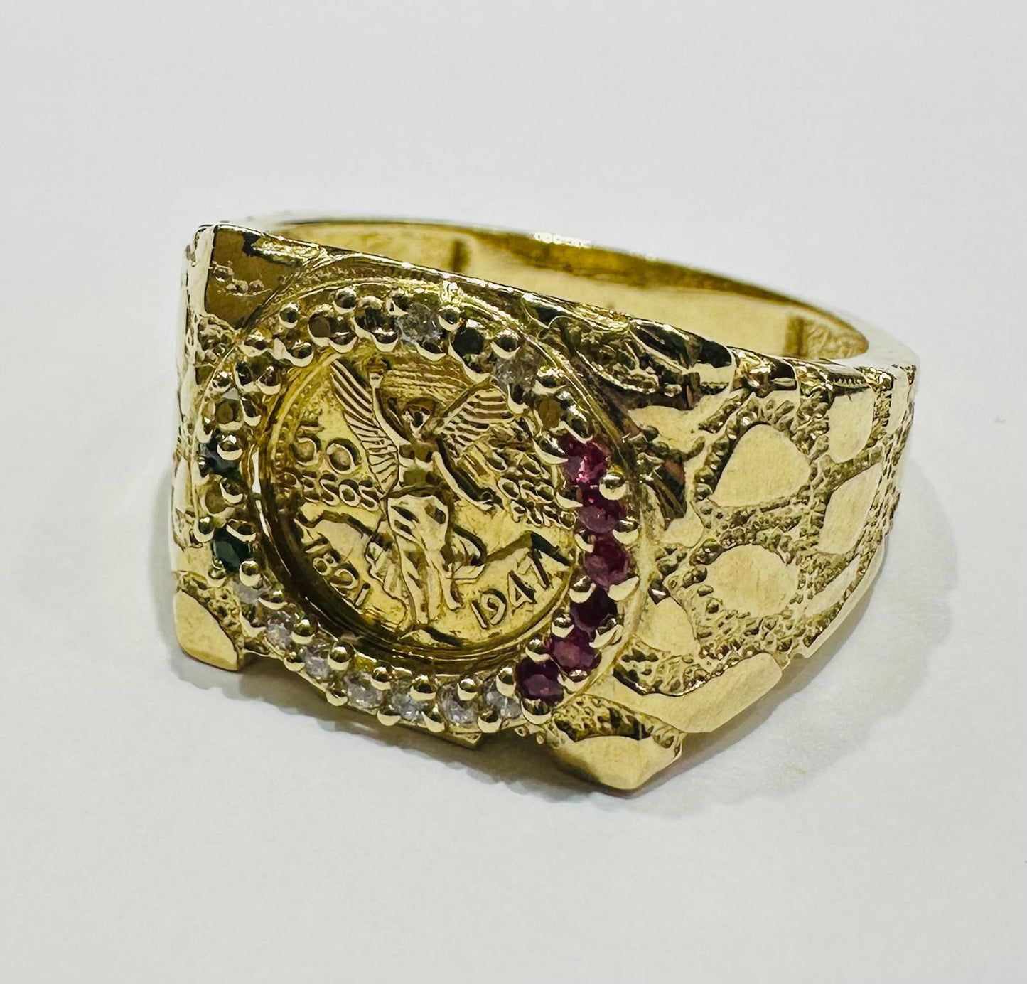 10K GOLD 50 PESOS CENTANARIO NUGGET RING WITH SAPPHIRE STONES- WEIGHT: 6.8gm