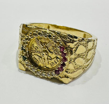 10K GOLD 50 PESOS CENTANARIO NUGGET RING WITH SAPPHIRE STONES- WEIGHT: 6.8gm