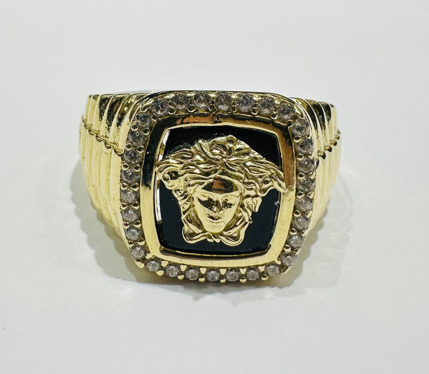 10K GOLD MEDUSA HEAD RING WITH WHITE SAPPHIRE- WEIGHT: 7.0gm