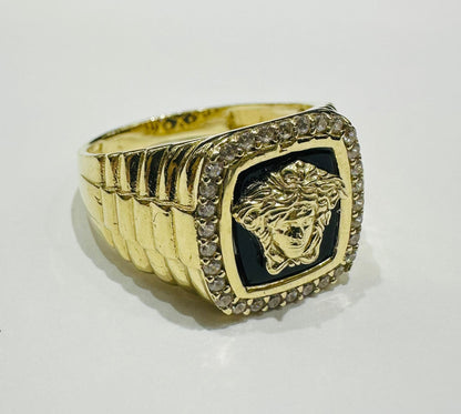 10K GOLD MEDUSA HEAD RING WITH WHITE SAPPHIRE- WEIGHT: 7.0gm