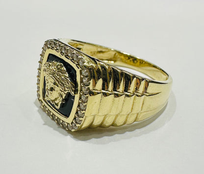 10K GOLD MEDUSA HEAD RING WITH WHITE SAPPHIRE- WEIGHT: 7.0gm