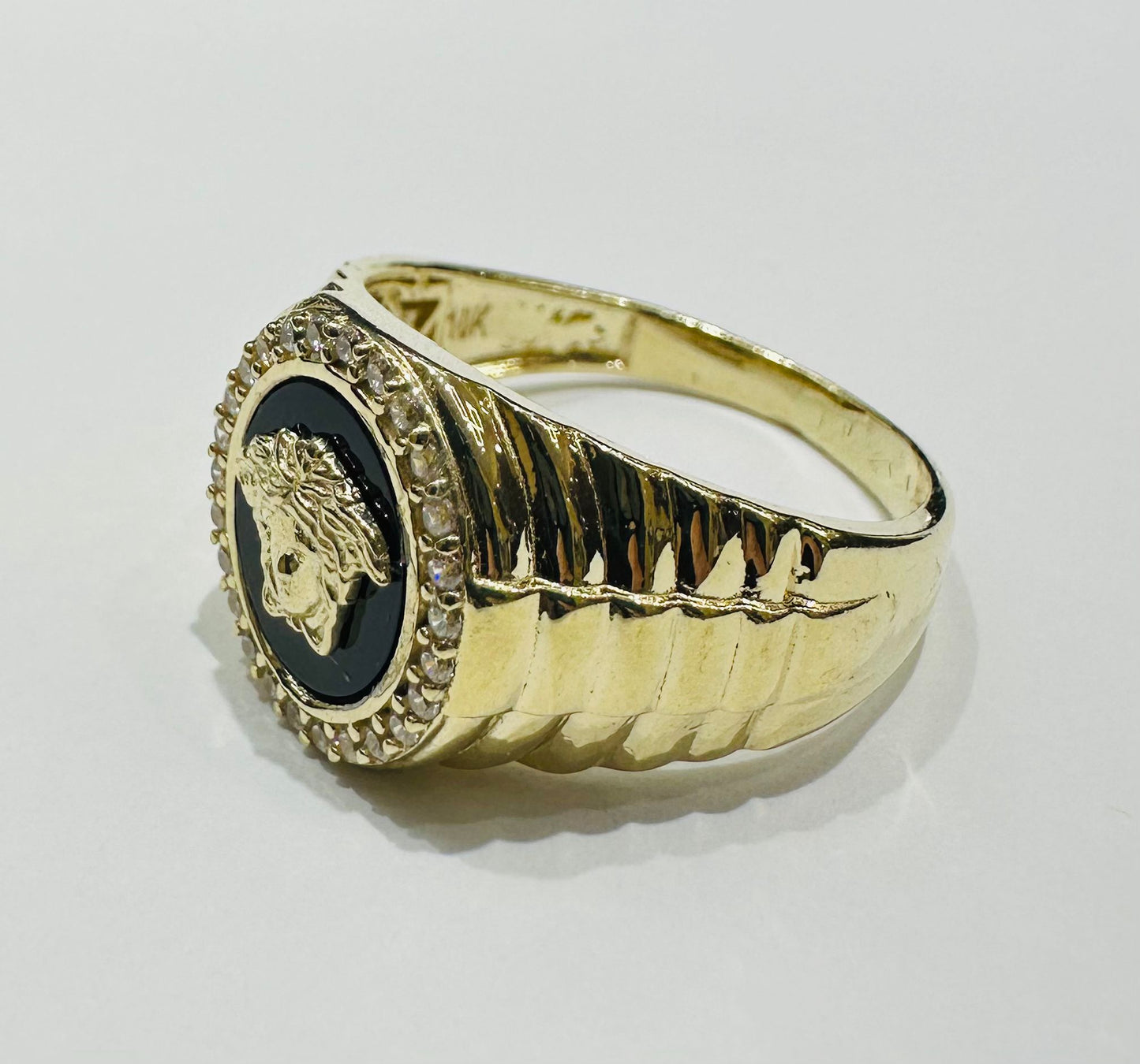 10K GOLD MEDUSA HEAD RING WITH WHITE SAPPHIRE- WEIGHT: 6.6gm
