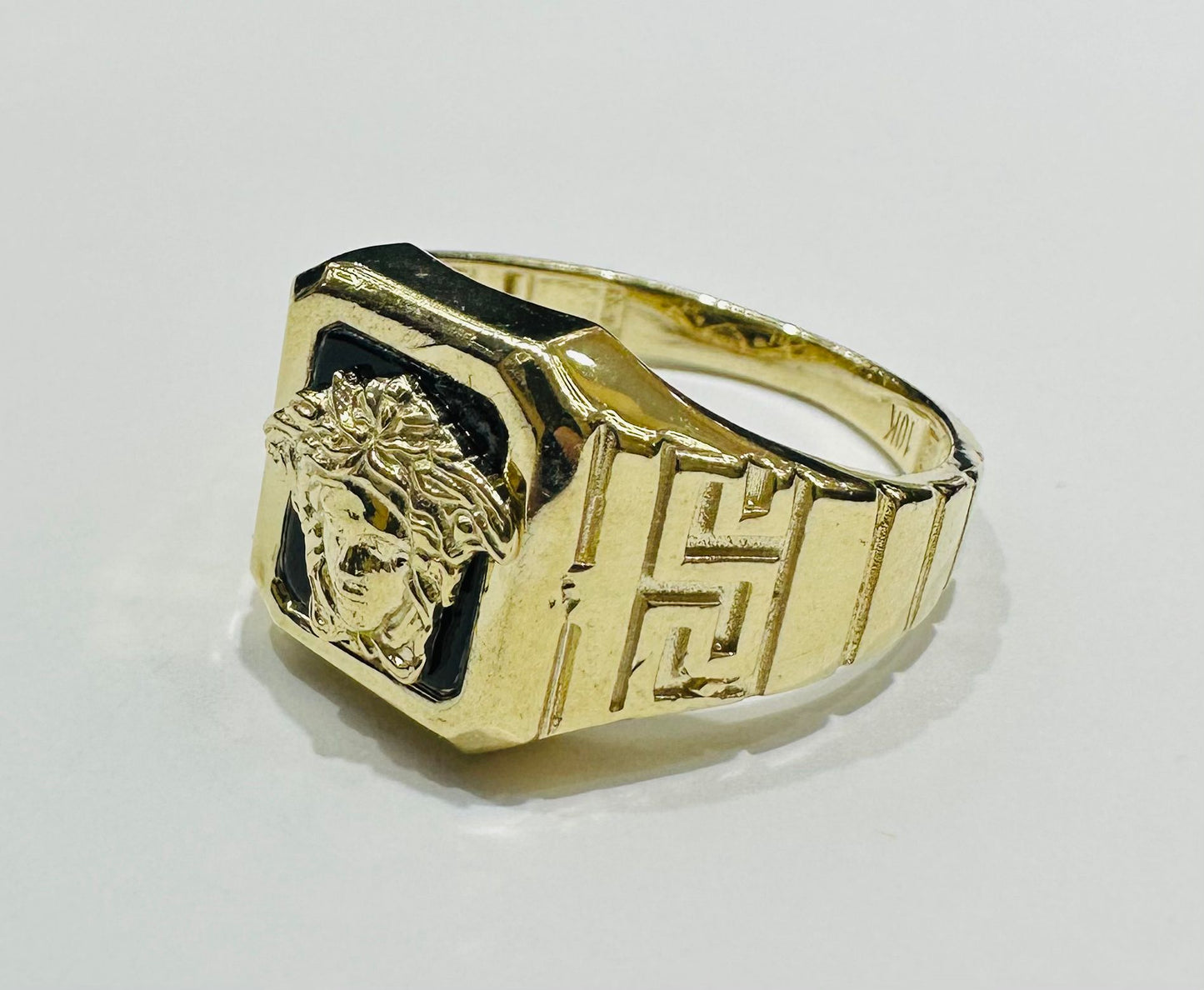 10K GOLD MEDUSA HEAD RING WITH WHITE SAPPHIRE- WEIGHT: 6.5gm
