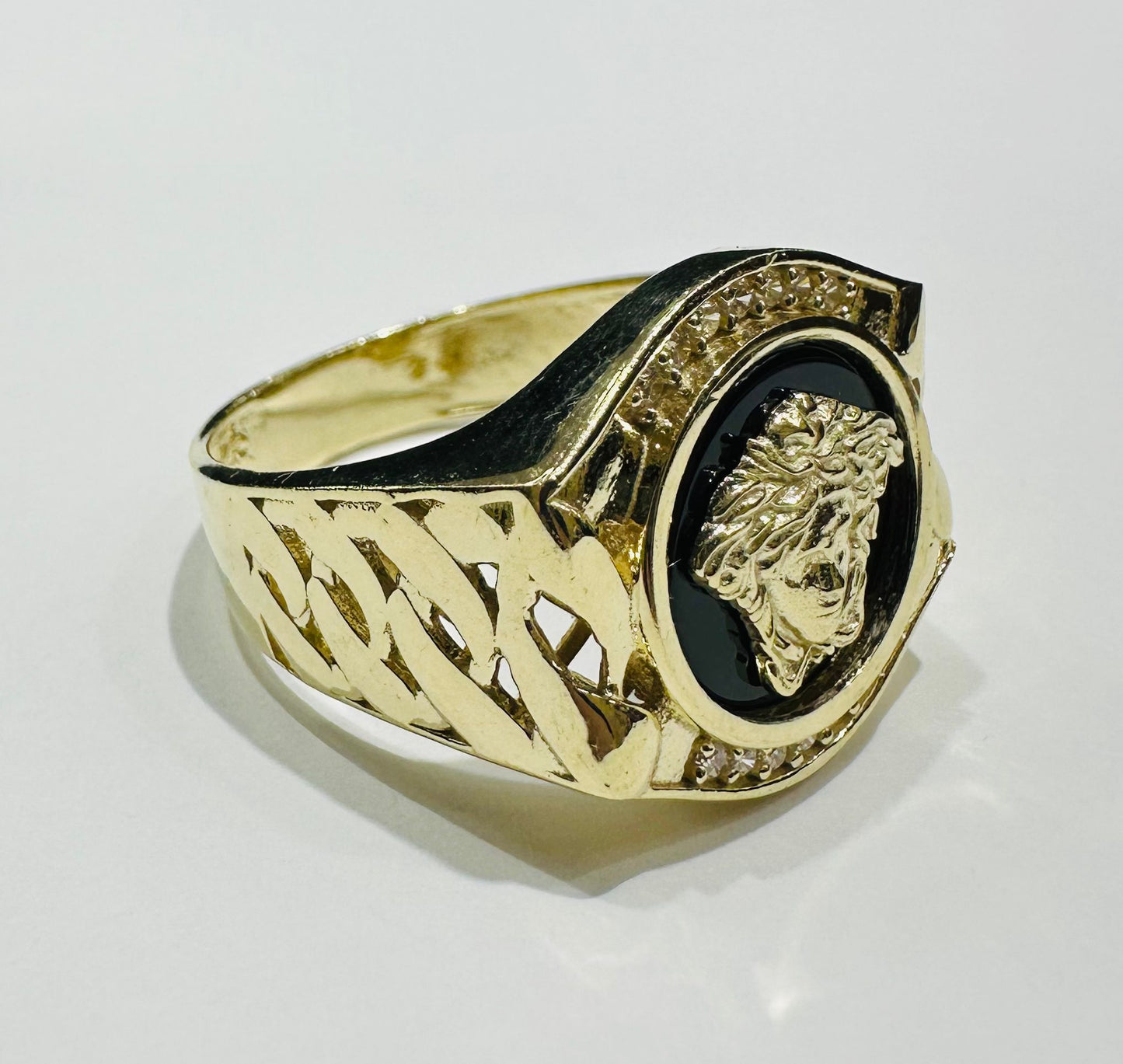 10K GOLD MEDUSA HEAD RING WITH WHITE SAPPHIRE- WEIGHT: 7.7gm