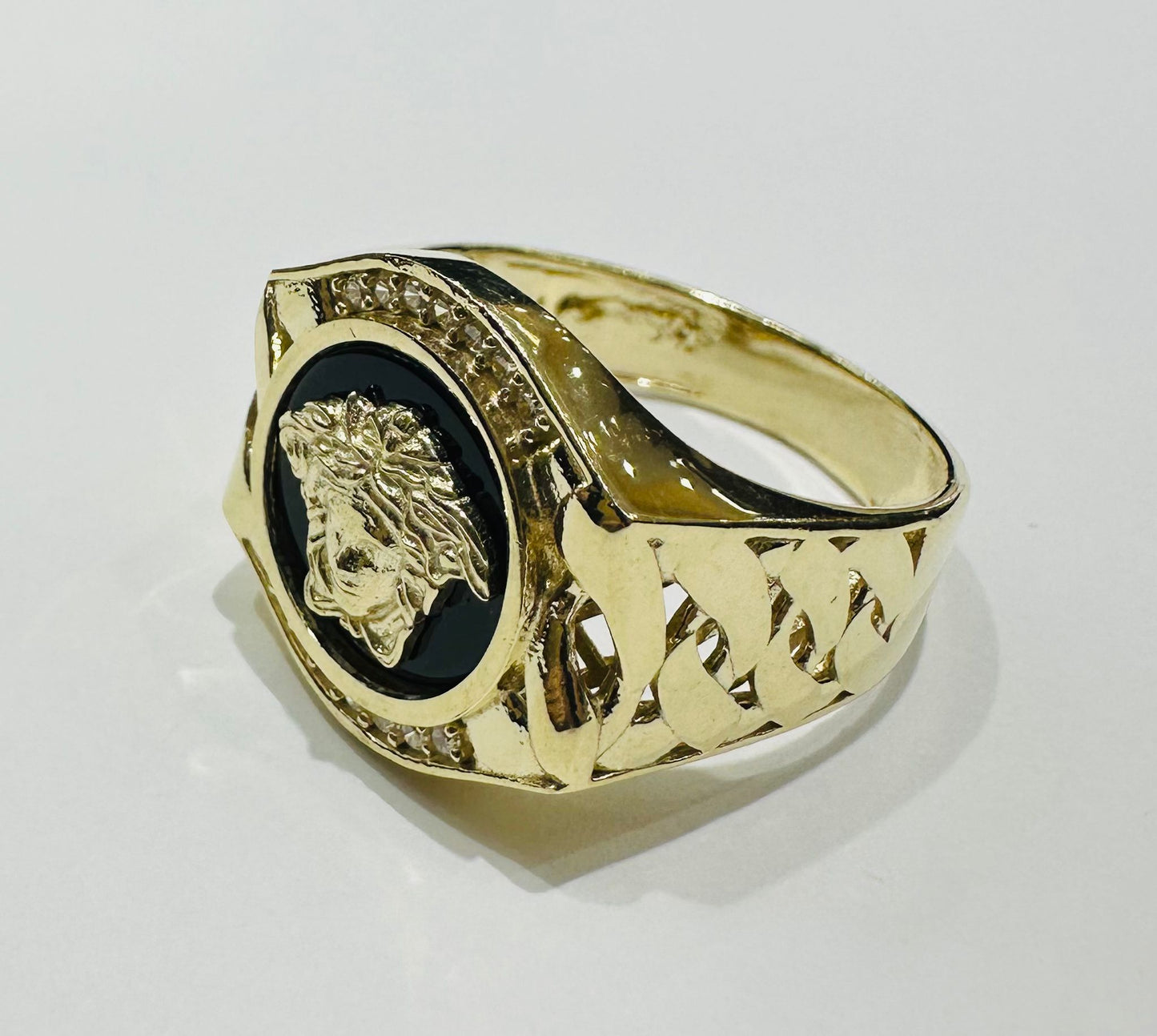 10K GOLD MEDUSA HEAD RING WITH WHITE SAPPHIRE- WEIGHT: 7.7gm