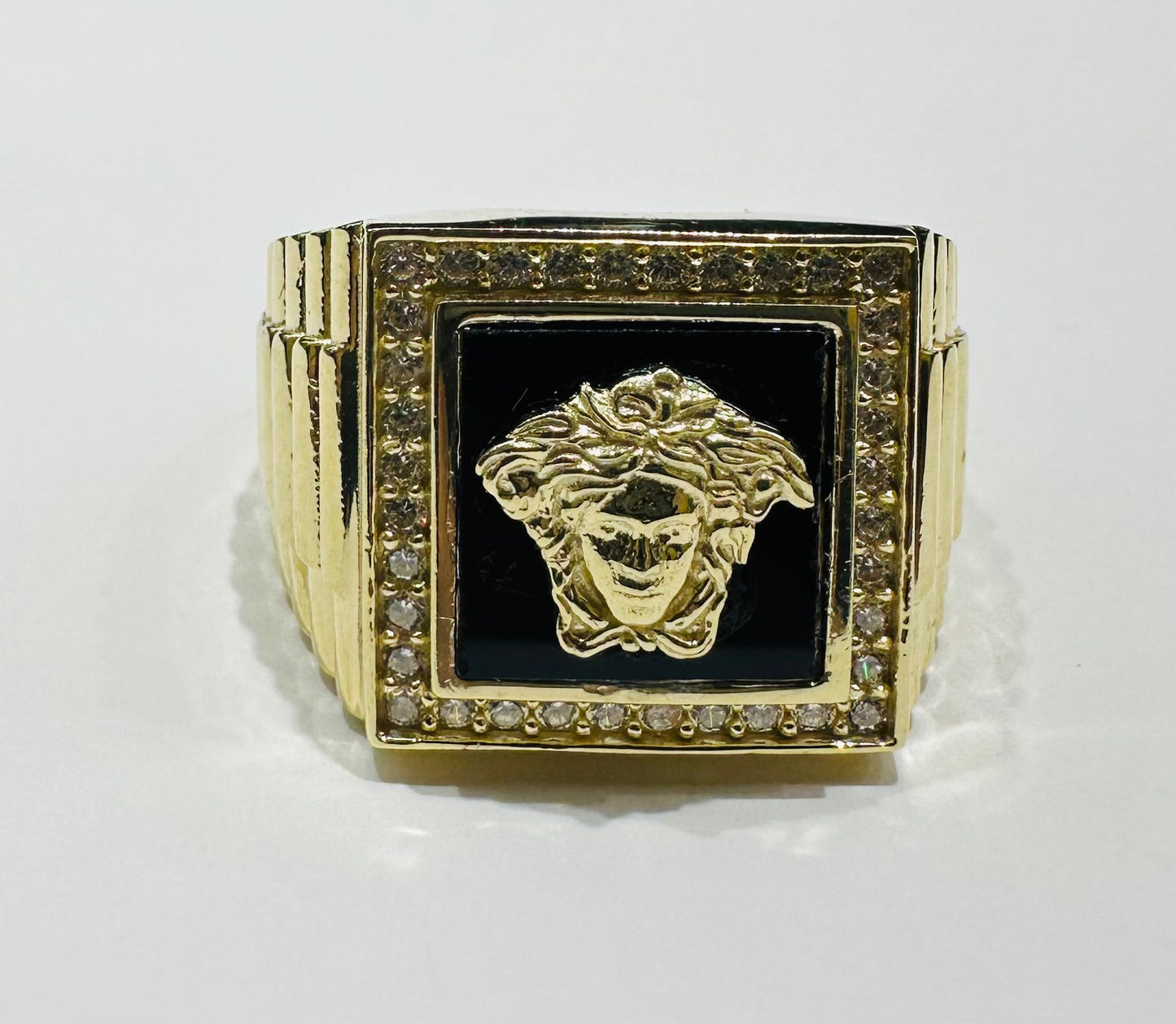 10K GOLD MEDUSA HEAD RING WITH WHITE SAPPHIRE- WEIGHT: 10.5gm