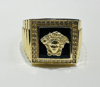 10K GOLD MEDUSA HEAD RING WITH WHITE SAPPHIRE- WEIGHT: 10.5gm