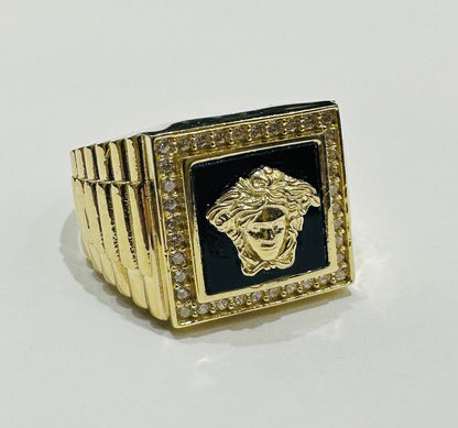 10K GOLD MEDUSA HEAD RING WITH WHITE SAPPHIRE- WEIGHT: 10.5gm
